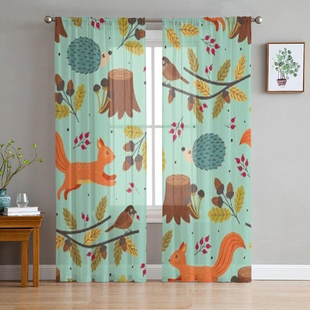 A Family Of Home Textiles Transparente Tüllvorhänge mit Herbst Eichhörnchen Waldtiere Motiv in Grau, Breite: 135 cm, Höhe: 114 cm - Bild 1