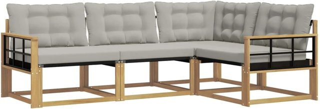vidaXL Outdoor-Sofagarnitur in L-Form aus Akazienholz mit Textilene-Elementen und Kissen, Weiß und Grau - Bild 1