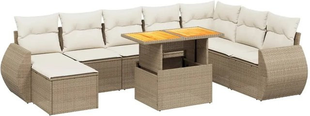 vidaXL 9-teilige Garten-Sofagarnitur aus Poly-Rattan und Akazienholz in Beige-Creme mit Kissen - Bild 1