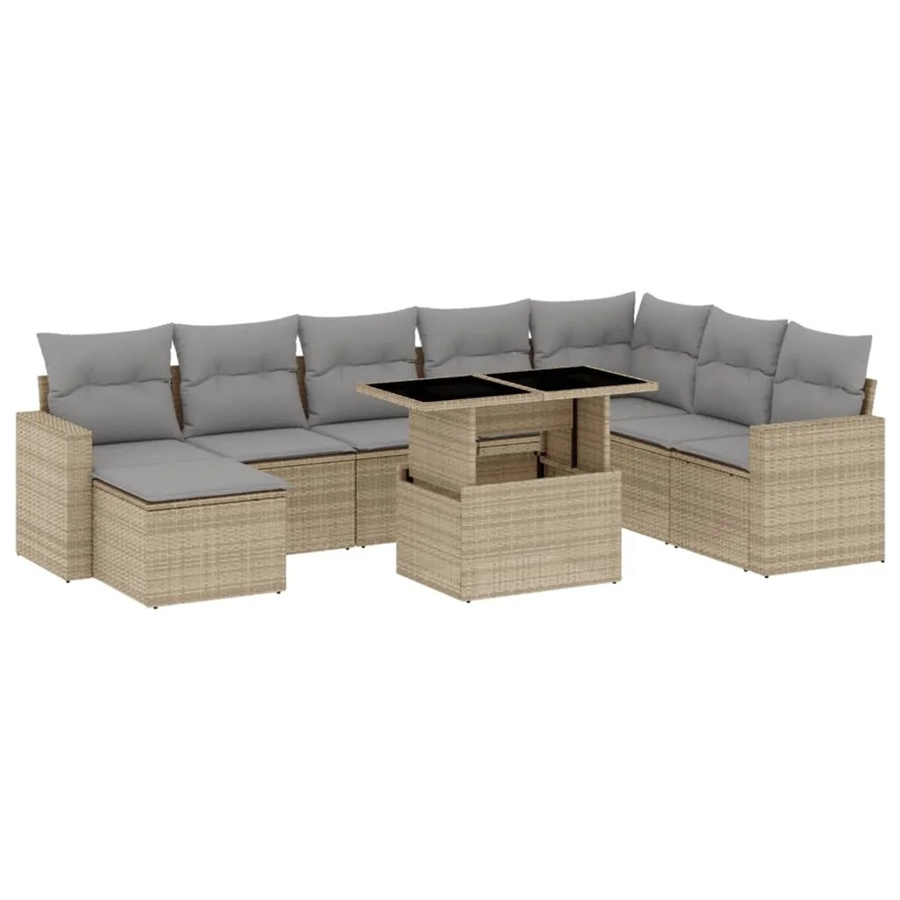 vidaXL 9-tlg. Garten-Sofagarnitur in L-Form aus beigem Poly-Rattan mit Kissen und pulverbeschichtetem Stahlgestell - Bild 2