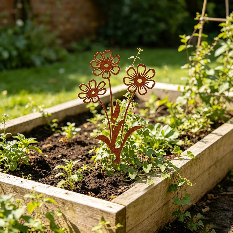 Schmiedeeiserner Gartendekorationsspieß in Braun mit floralem Design für Garten und Blumenbeete - Bild 5