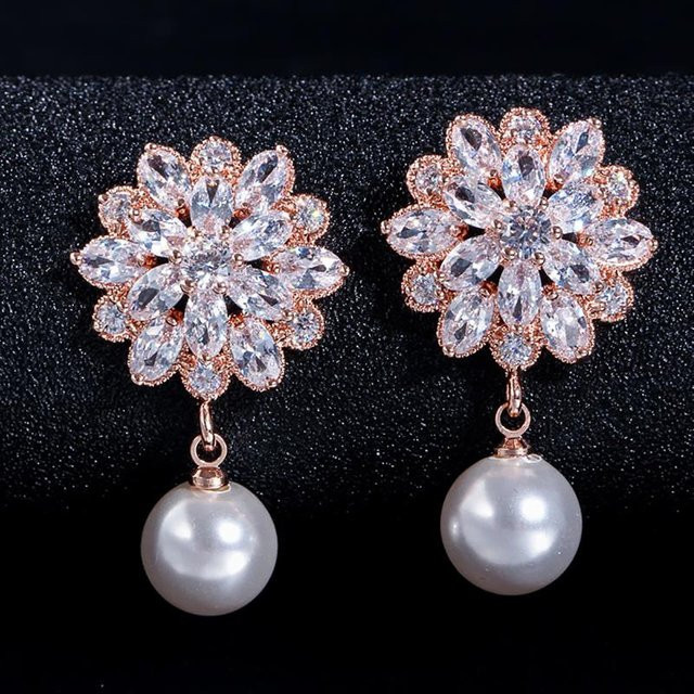 Huitan Ohrringe, Perle, Zirkonia, Blumenform, Damen - Bild 1