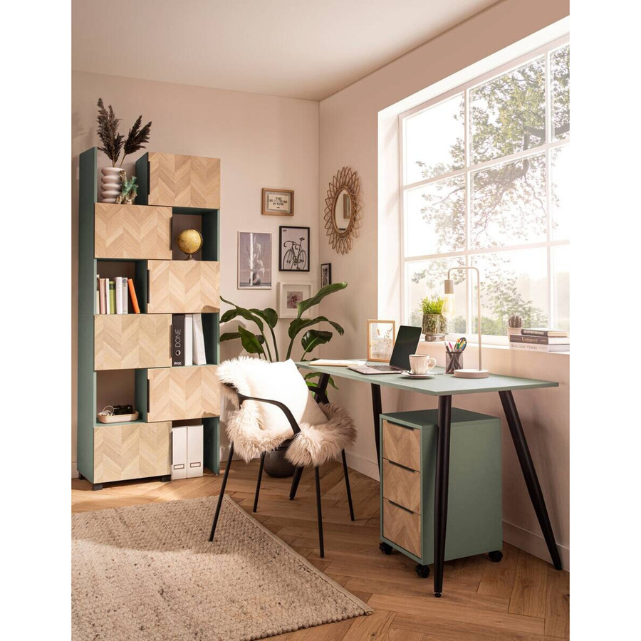 Schildmeyer Schieberegal Piazza in Pistazie Grün mit Eiche Nachbildung und Fischgräten-Design, B/H/T: 78 x 101,6 x 34,7 cm - Bild 4