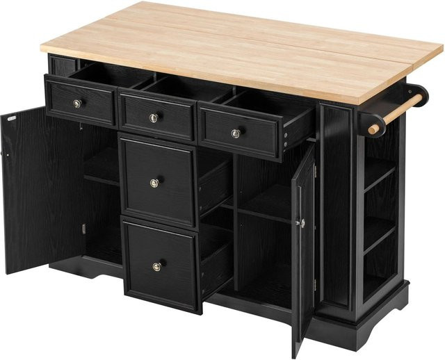 okwish Kücheninsel mit ausziehbarem Esstisch, Steckdosen und Schubladen, Schwarz, B: 130,5 cm, T: 40 cm bis 65 cm, H: 92 cm - Bild 1