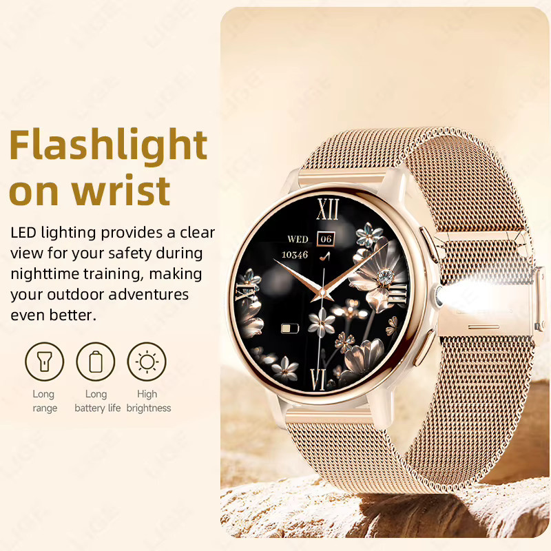 LIGE Smartwatch für Damen in Schwarz mit Milanaise-Edelstahlarmband, Rundes Display, Bluetooth-Anruf, Herzfrequenzmessung und Schrittzähler, Wasserdicht - Bild 2