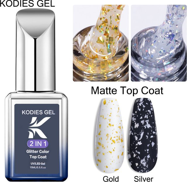 KODIES GEL Matte Glitter Top Coat Nagellack, 15 ml, Silber Gold - Bild 1