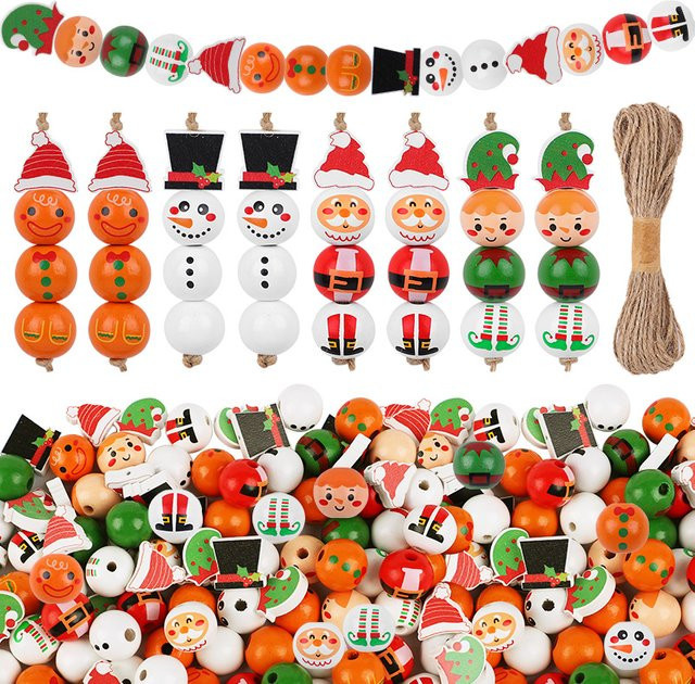 ZQNYCY DIY Weihnachten Holz Perlen Set mit Santa, Schneemann und Elf für Girlanden und Baumanhänger, Mehrfarbig - Bild 1