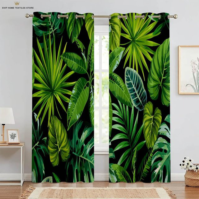 Yiran Furniture Vorhänge mit tropischem Blattdruck in Grün, 2er-Set, semi-transparent, Polyester, B: 50 cm, H: 130 cm - Bild 1