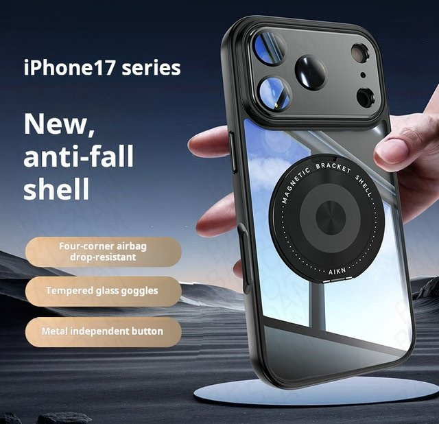 Transparente Magnetische Handyhülle mit 360 Grad drehbarem Halter und Objektivschutzfolie für Apple iPhone 17 Air 16E Plus 15 14 13 12 Pro Max in Grau - Bild 1