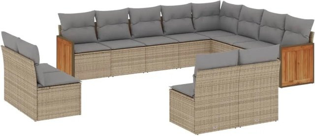 vidaXL 12-tlg. Garten-Sofagarnitur in L-Form aus Polyrattan und Akazienholz mit Kissen in Beige - Bild 1