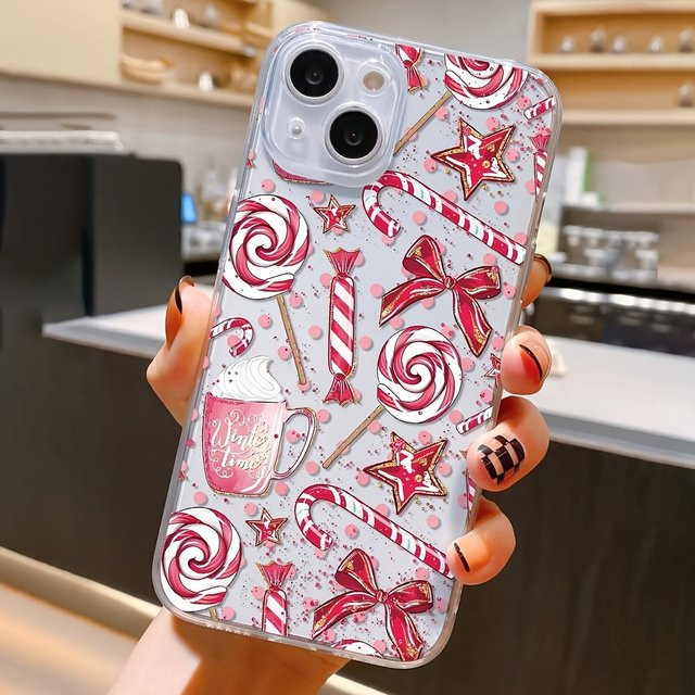 Transparente TPU-Handyhülle mit rosa Weihnachtssüßigkeit-Muster für iPhone 11 bis iPhone 17 Pro Max und weitere Modelle - Bild 1