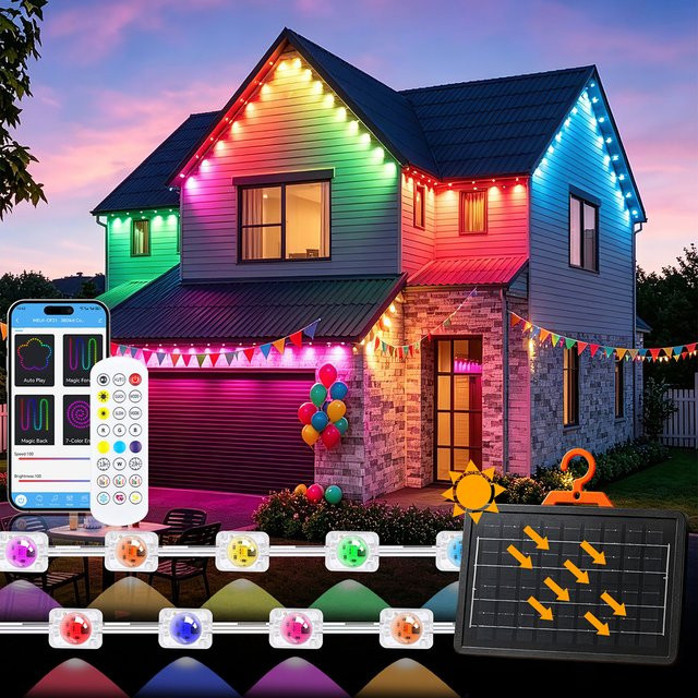 HAGAHA Solar-Dachrinnenbeleuchtung RGB Lichterkette mit Bluetooth-Steuerung für Garten und Weihnachtsdekoration - Bild 1
