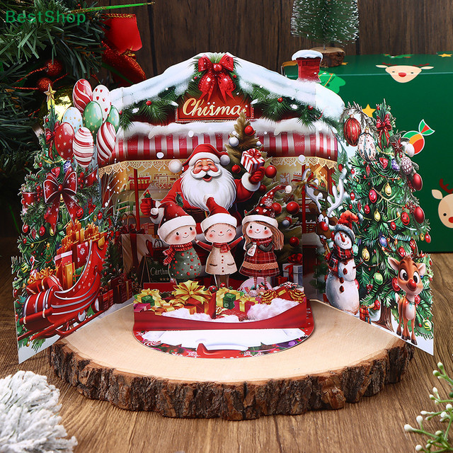 Dreifach gefaltete 3D-Weihnachtskarte mit Weihnachtsmann Motiv in Mehrfarbig - Bild 1