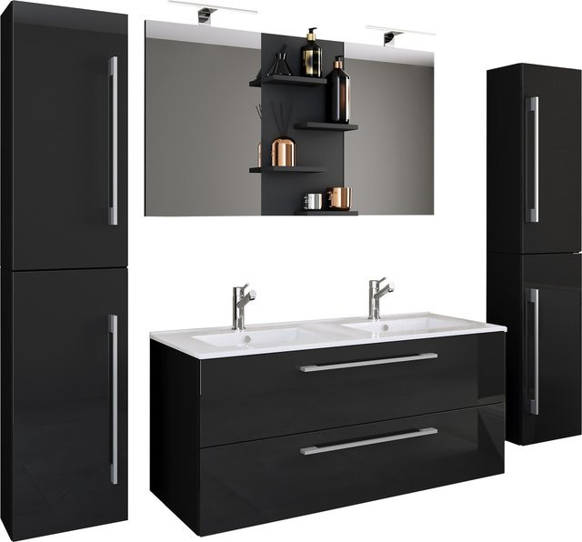 VCM Badmöbel Set Budasi SP 5-tlg. Doppel Waschplatz mit 2 Keramik Waschtisch, Unterschrank, 2 Hochschrank und Spiegel - Bild 1