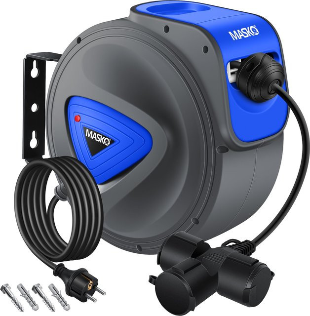 MASKO Automatik Kabeltrommel in Blau mit 3-Fach Anschluss, 1,5m Zuleitung und Wandhalterung - Bild 1