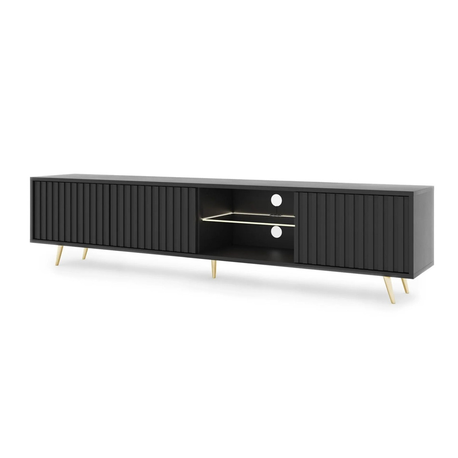 TV-Lowboard Selsey Bello in Schwarz mit Lamellen, LED und goldenen Beinen, Breite: 175 cm - Bild 2