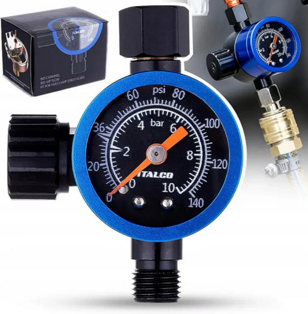 Auarita Italco Premium-Luftdruckregler mit Manometer für Spritzpistolen in Orange und Blau mit einstellbarem Druck und 14-Zoll-Lufteinlass und Auslass - Bild 1