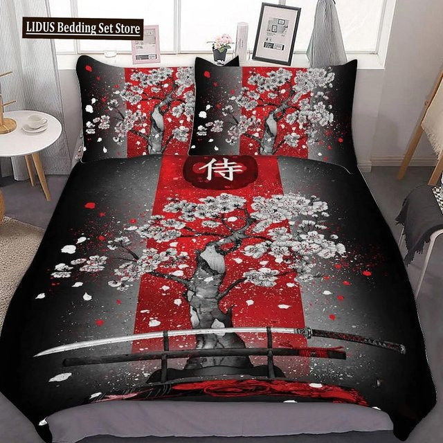 JMG Household Supplies Bettwäsche-Set mit Samurai-Schwert und roter Sakura im japanischen Tuschestil, Farben: Schwarz, Weiß, Rot, B/H: 135 x 200 cm - Bild 1