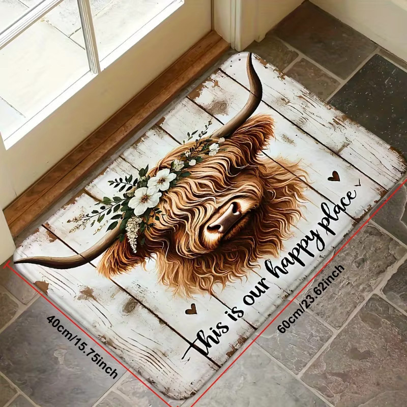 VIKAMA Highland Cow This Is Our Happy Place Fußmatte mit floralem Bauernhaus-Design, rutschfest und waschbar, Mehrfarbig, B: 60,0 cm, T: 40,0 cm - Bild 2