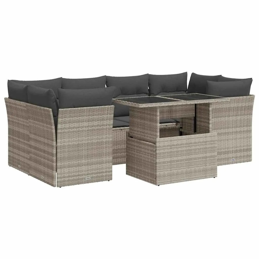 vidaXL 7-teilige Garten-Sofagarnitur in L-Form aus Poly-Rattan in Hellgrau mit Kissen und Stauraum - Bild 2