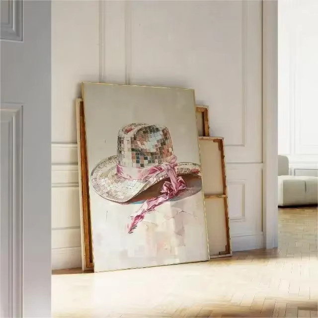 Rahmenloses Kunstposter von Potdemiel in Rosa mit Cowgirl-Hut, Discokugel und Dessert als Leinwanddruck Wandbild für dein Studentenzimmer - Bild 1