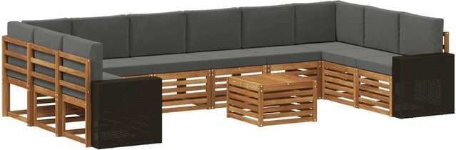 vidaXL Outdoor-Sofagarnitur aus Akazienholz in L-Form, 11-teiliges Set mit Polstern in Natur und Anthrazit - Bild 1