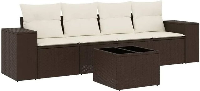 vidaXL 5-tlg Garten-Sofagarnitur aus Polyrattan in Braun mit UV-beständigen Kissen und pulverbeschichtetem Stahlgestell - Bild 1