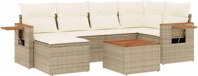 vidaXL 7-tlg Garten-Sofagarnitur in L-Form aus PE-Rattan und Akazienholz mit Kissen in Beige-creme - Bild 1