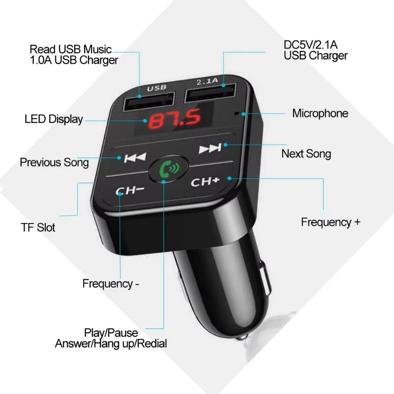 VIKEFON Bluetooth Auto Empfänger mit FM Sender und Dual USB Schnellladegerät in Schwarz - Bild 5