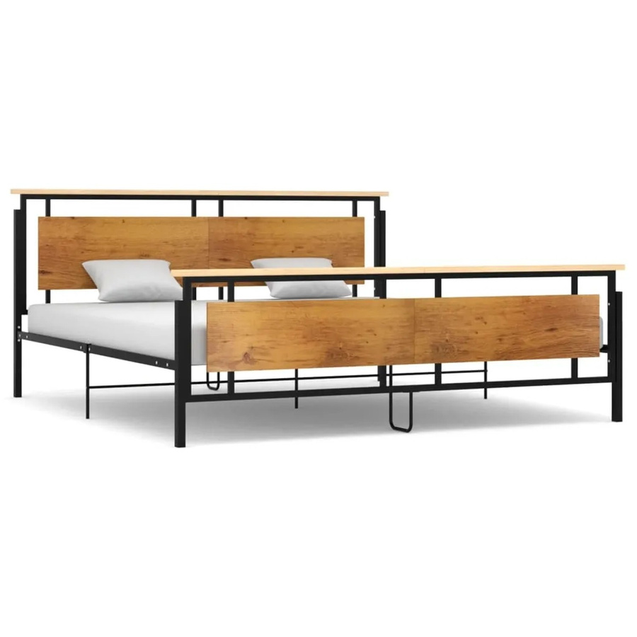 vidaXL Bett aus Metall und Eichenholz in Schwarz, B/T/H: 200 x 200 x 90 cm - Bild 2