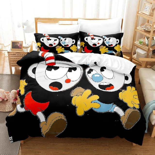Cartoon Cuphead Show Bettwäsche Set mit Bettbezug und Kissenbezug für Kinder und Erwachsene, Farbe: Schwarz, B/H: 260 x 220 cm - Bild 1