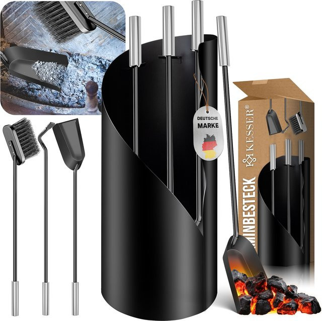 KESSER Kaminbesteck Set 4-teilig in Schwarz mit Edelstahlgriffen inklusive Ständer - Bild 1