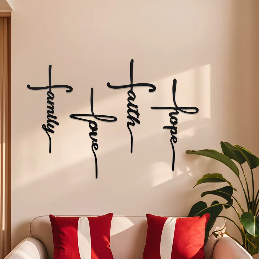 DDPNKL 4-teiliges Wandkunstschild aus Metall in Schwarz mit religiösen Kreuzmotiven Liebe Glaube Familie und Hoffnung als wasserfeste Wanddekoration - Bild 2