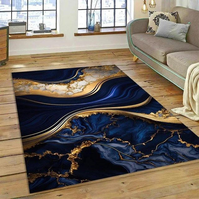 Karpetti Abstrakter Marmorteppich in Blau, Rutschfest und Waschbar, B/T: 120 x 80 cm - Bild 1