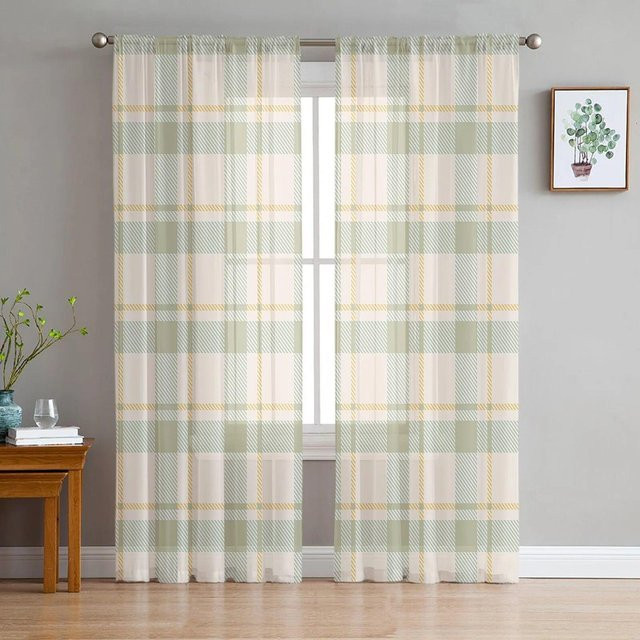 Gelbe karierte transparente Voile-Fenstervorhänge von A Family Of Home Textiles für Schlafzimmer, Wohnzimmer oder Kinderzimmer, B: 135 cm, H: 213 cm - Bild 1