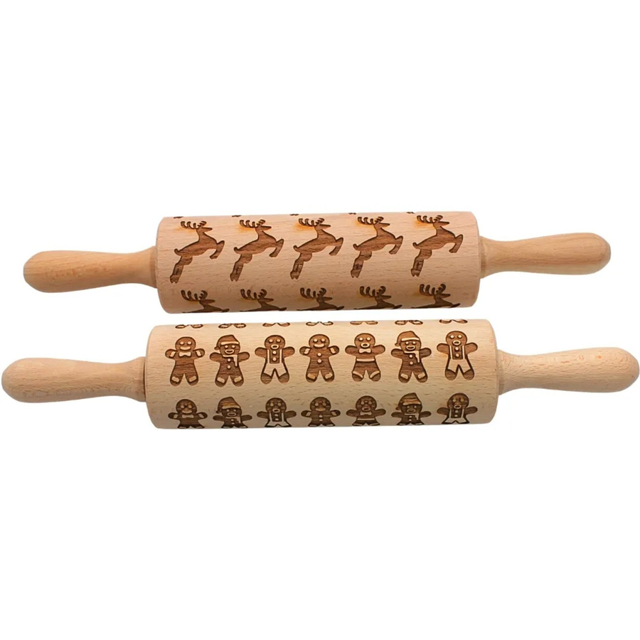2er Set Holz Teigroller von Dekohelden24 mit 2 Motiven für Spekulatius und Plätzchen, Farbe: Braun, L/B/H: 37 x 6 x 6 cm - Bild 2