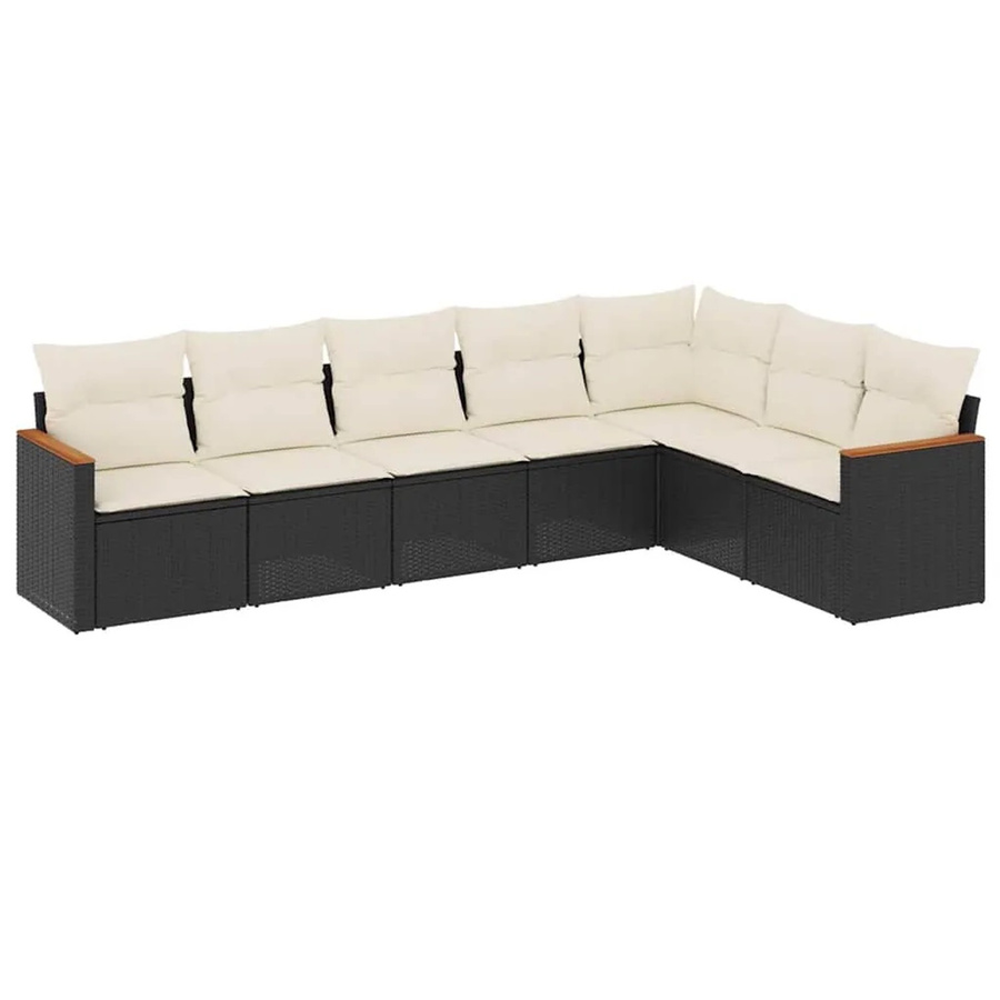 vidaXL 7-tlg Garten-Sofagarnitur in L-Form aus Poly-Rattan und Akazienholz mit Kissen in Schwarz und Cremeweiß - Bild 2