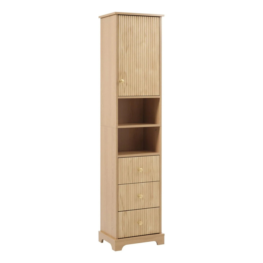 PXloue Badezimmer Hochschrank mit vertikalem Streifenmuster, Schubladen und offenen Regalböden in Naturholzfarbe und Beige, H x B x T: 172 x 40 x 30 cm - Bild 2