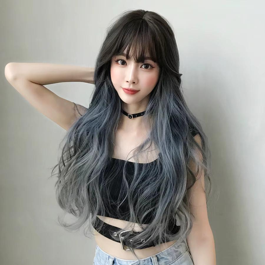 7JHH WIGS Perücke, Lange Wasserwellen, Grau-Ombre-Blau, Damen - Bild 2