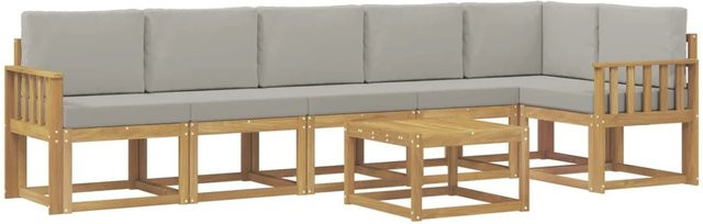 vidaXL Outdoor-Sofagarnitur 7-teilig aus Akazienholz in L-Form mit Kissen, Farben: Weiß, Grau und Braun - Bild 1