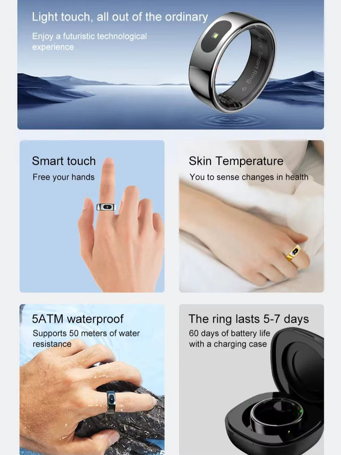 Uhoofit Smart Ring R08 in Schwarz für Damen und Herren mit Touch Control, Gesundheitsmonitor und IP68 5ATM Wasserdichtigkeit - Bild 2