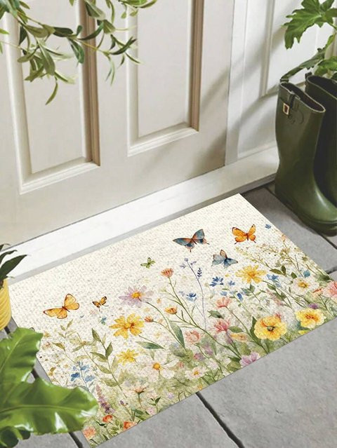 VIKAMA Fußmatte mit Aquarell-Blumen- und Schmetterlingsmotiv, rutschfest und schmutzabweisend, Mehrfarbig, B: 60,0 cm, T: 40,0 cm, H: 1,0 cm - Bild 1