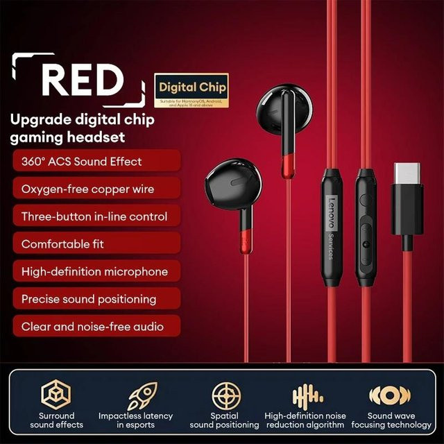 Lenovo Y106 In-Ear-Kopfhörer mit USB Typ C und 3,5 mm Anschluss, HiFi Stereo Musik mit Mikrofon und Inline-Steuerung, Rot - Bild 1