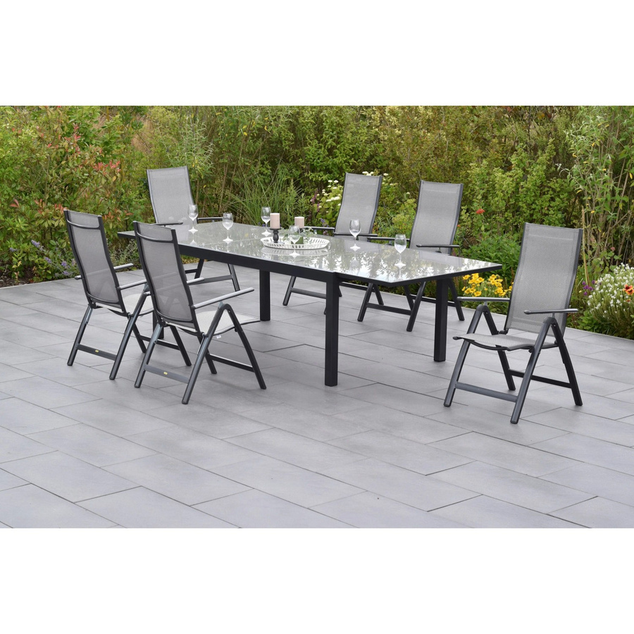 Merxx Carrara Gartenmöbel Set 7-teilig in Grau mit ausziehbarem Gartentisch und 6 Klappsesseln aus Aluminium und Sicherheitsglas B/T/H: 200 x 110 x 76 cm (ausziehbar auf 300 x 110 cm) - Bild 2