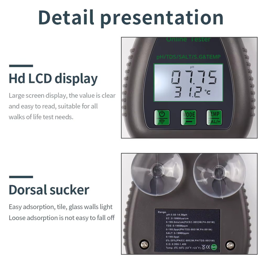 JUANJUAN 5-in-1 Digitaler Wasserqualitätsmonitor mit Tuya WiFi und Bluetooth App zur Messung von TDS, EC, Salz, S.G., Temperatur und pH-Wert in Schwarz - Bild 6