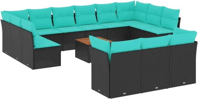 vidaXL 14-teilige Garten-Sofagarnitur aus Poly-Rattan und Akazienholz in Schwarz mit Kissen - Bild 1