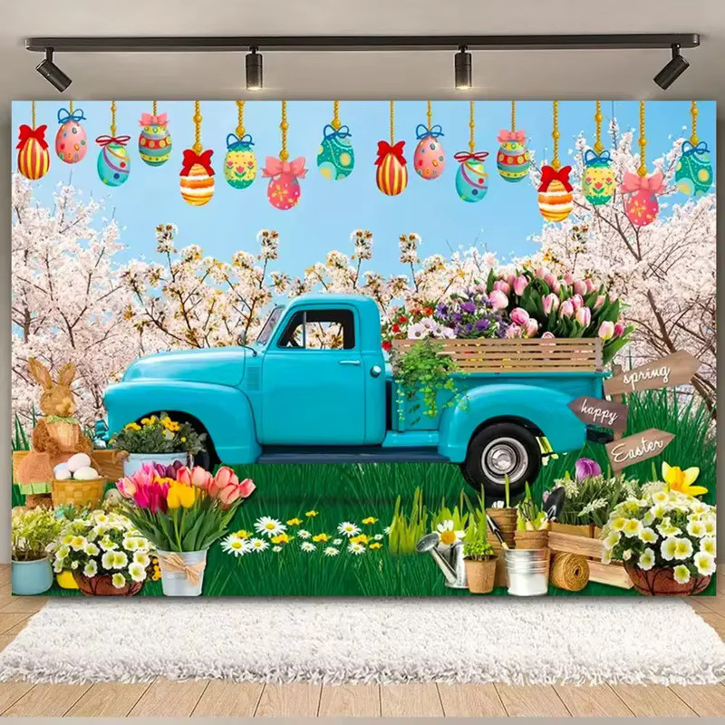VIKAMA Oster-Hintergrundtuch mit Hasen und Eiern, buntes Hängendes Banner für Frühlingsfeier, Geburtstag oder Babyparty, B/H: 110 x 110 cm - Bild 2