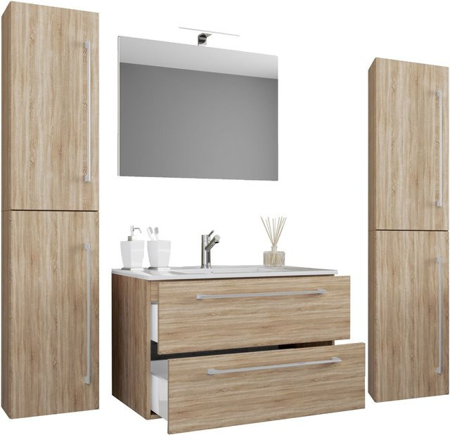 VCM Badmöbel Set Badinos 5-tlg. Waschplatz in Sonoma-Eiche mit Waschbecken, Unterschrank, Spiegel und Hochschrank, Breite: 80 cm, Höhe: 150 cm, Tiefe: 46 cm - Bild 1