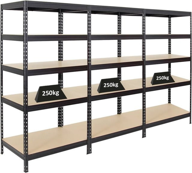 PROREGAL 3er Set Schwerlastregal Rivet Schwarz, H x B x T: 180 x 90 x 60 cm, mit verstellbaren Fachböden aus MDF und Stahl - Bild 1