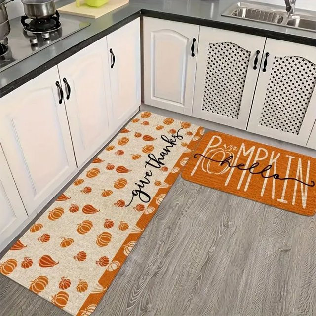 VIKAMA Thanksgiving Küchenbodenmatte und Korridor-Teppich, Anti-Rutsch, Orange, Floral, 2/3 Stück - Bild 1